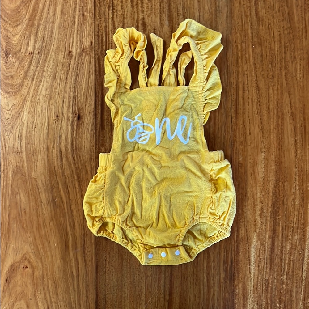 Yellow Ruffled Baby Romper one first bee day